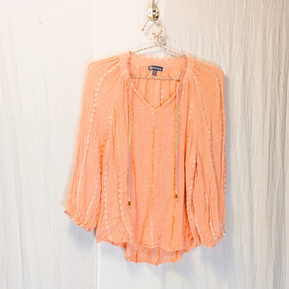 Democracy Long Crochet Blouson Sleeve Split VNeck Braided Tie Front Woven Top PM